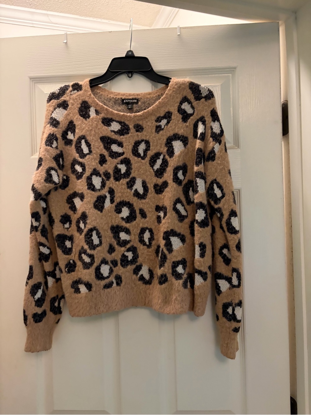 Express Leopard Print Fuzzy Crewneck Sweater in Tan, Black & Cream